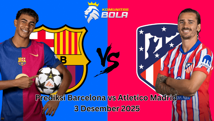 Infografis prediksi skor Barcelona vs Atletico Madrid untuk pertandingan 3 Desember 2025