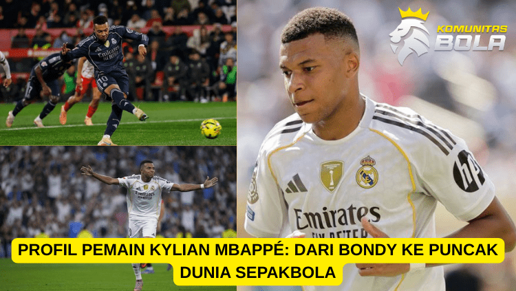 Ilustrasi Kylian Mbappe dengan latar branding Emirates, menampilkan judul "Profil Pemain Kylian Mbappe - Dari Bondy ke Puncak Dunia Sepakbola
