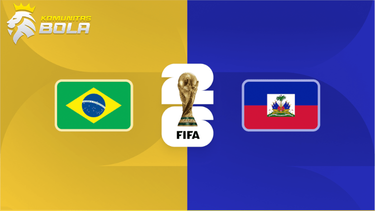 Poster pertandingan Brasil vs Haiti pada FIFA World Cup 2026 menampilkan bendera Brasil dan Haiti dengan latar stadion serta efek warna hijau, kuning, biru, dan merah.