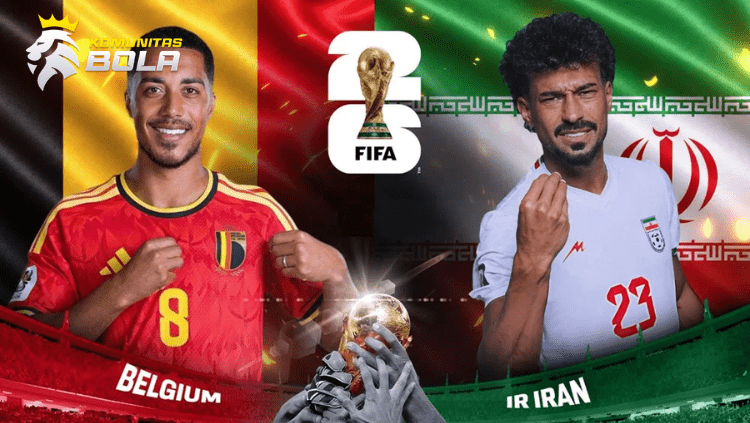 Poster pertandingan Belgia vs Iran pada FIFA World Cup 2026 dengan logo federasi sepak bola kedua negara dan trofi Piala Dunia di tengah stadion.