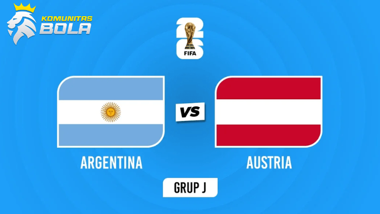 Poster pertandingan Argentina vs Austria di Grup J FIFA World Cup 2026 dengan bendera kedua negara pada latar turnamen Piala Dunia.