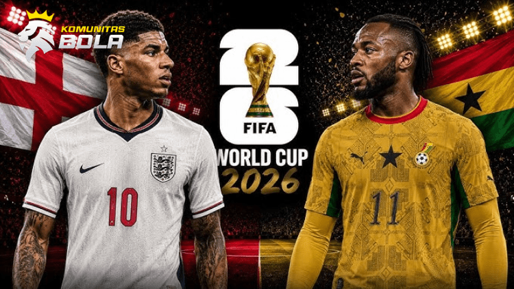 Harry Kane dari Inggris dan pemain Ghana dalam poster pertandingan Inggris vs Ghana FIFA World Cup 2026 dengan latar bendera kedua negara dan trofi Piala Dunia FIFA.