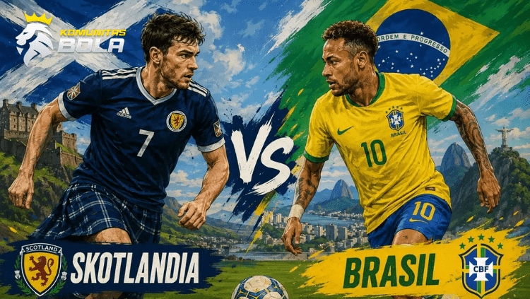 Poster pertandingan Skotlandia vs Brasil FIFA World Cup 2026 menampilkan pemain tim nasional Skotlandia dan Brasil dengan latar bendera kedua negara.