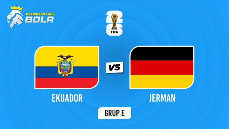 Poster pertandingan Ekuador vs Jerman di Piala Dunia FIFA 2026 dengan logo kedua tim nasional dan trofi FIFA di tengah.
