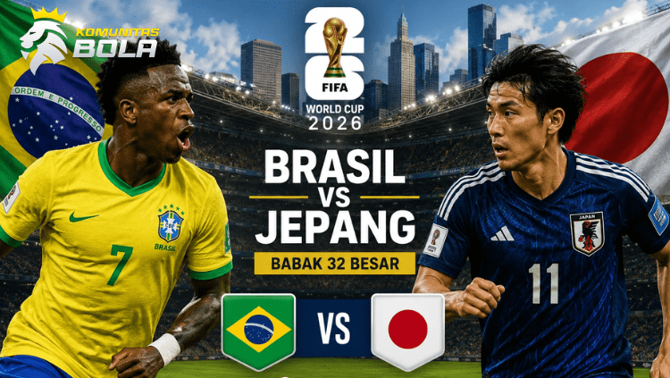 Poster pertandingan Brasil vs Jepang Piala Dunia FIFA 2026 menampilkan Vinícius Júnior mengenakan jersey Timnas Brasil dan pemain Timnas Jepang dengan logo FIFA World Cup 2026 di tengah.