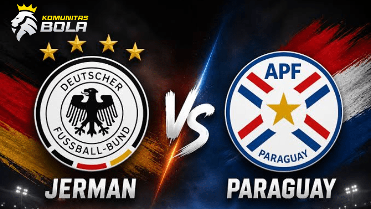 Poster pertandingan Jerman vs Paraguay menampilkan logo Timnas Jerman (DFB) dan Timnas Paraguay (APF) dengan latar bendera kedua negara.