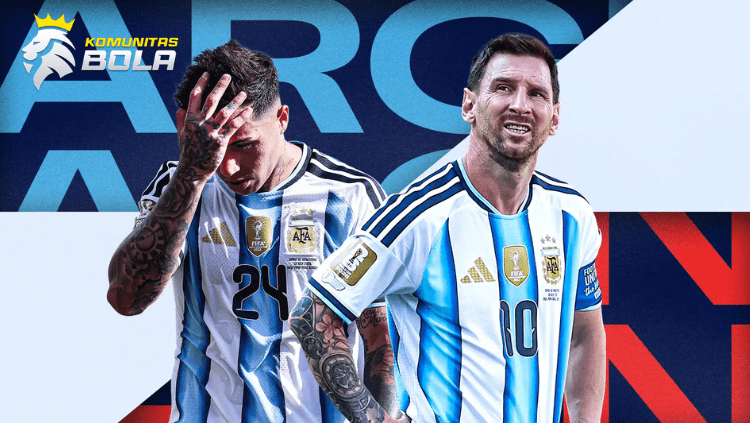 Lionel Messi dan Enzo Fernández mengenakan jersey Timnas Argentina dalam ilustrasi jelang pertandingan internasional.