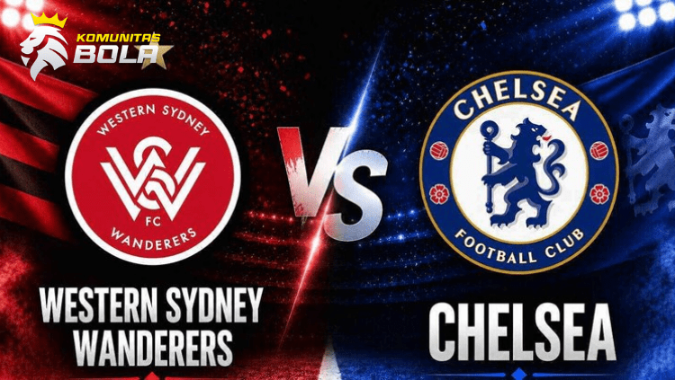 Poster pertandingan Western Sydney Wanderers vs Chelsea yang menampilkan logo kedua klub menjelang laga pramusim sepak bola.