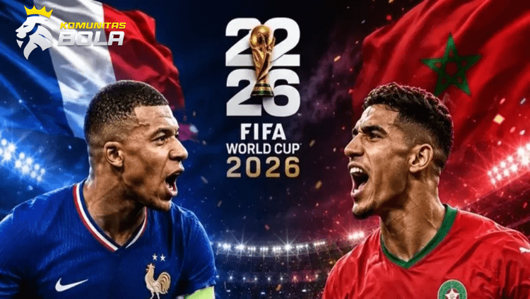 Poster pertandingan Prancis vs Maroko Piala Dunia FIFA 2026 menampilkan logo Federasi Sepak Bola Prancis (FFF) dan Federasi Sepak Bola Kerajaan Maroko (FRMF).