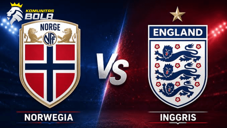 Ilustrasi pertandingan Norwegia vs Inggris dengan bendera kedua negara dan bola sepak menjelang laga internasional pada 12 Juli 2026.