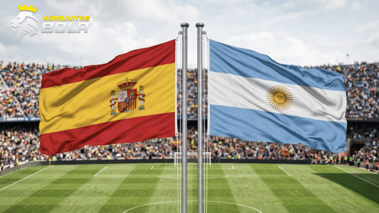 Ilustrasi pertandingan Spanyol vs Argentina di laga grand final dengan Lionel Messi menguasai bola dan pemain Spanyol berusaha merebut bola di depan penonton stadion.
